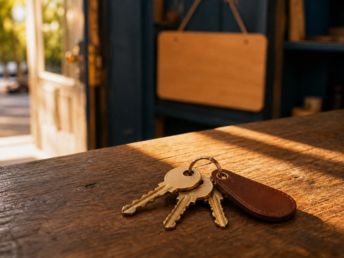 A set of keys on a counter beside an open shop door