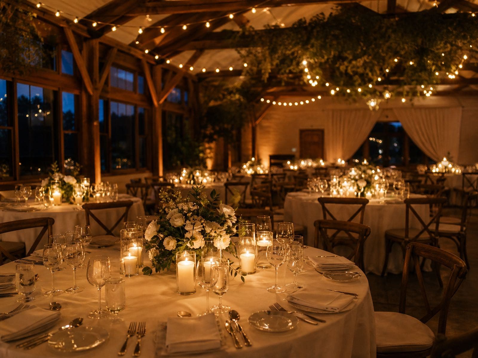A candlelit banquet hall set for an evening reception